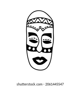 Single hand drawn african wooden mask. Doodles vector illustration. Isolated on a white background.