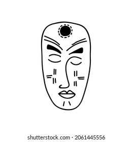 Single hand drawn african wooden mask. Doodles vector illustration. Isolated on a white background.