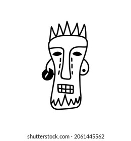 Single hand drawn african wooden mask. Doodles vector illustration. Isolated on a white background.