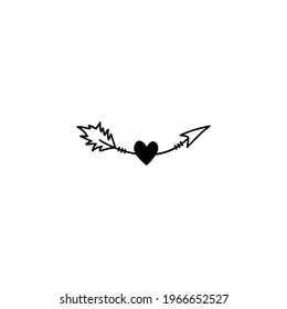 Una flecha dibujada a mano con el corazón.  Ilustración del vector Doodle. Aislar sobre un fondo blanco.