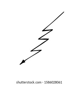 Single hand drawn arrow or lightning. Doodle vector illustration for greeting cards, posters, stickers, packaging, comics design. Isolated on white background.