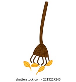 Single Hand Drawn Autumn Rake With Leaves. Vector Illustration In Cozy Style. Cute Element For Greeting Cards, Posters, Stickers And Seasonal Design. Isolated On White Background.