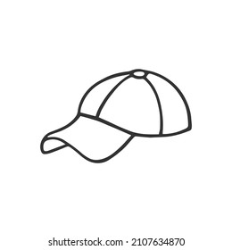 Single hand drawn baseball cap. In doodle style, black outline isolated on white background. Cute element for card, social media banner, sticker, print, decoration kids playroom. Vector illustration.