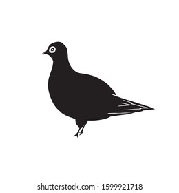 Single hand drawn black pigeon shadow isolated on white background. Bird icon cartoon character portrait figure standing. Vector illustration. Cute pigeon template. Black silhouette.