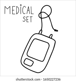 Single hand drawn blood plastic bag doodle stock vector illustration. element for posters, stickers and seasonal design. Isolated on white background. Sketch elements set for graphic and web design.