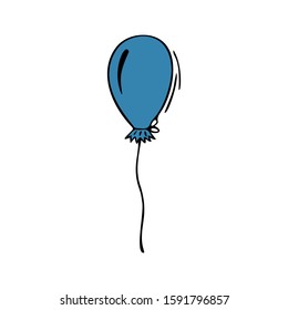 Single hand drawn blue balloon isolated on white background. Doodle, simple outline illustration.