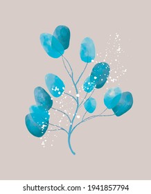 Single Hand Drawn Blue Eucalyptus Twig and White Ink Splash Isolated on a Warm Gray Background. Floral Printable Vector Illustration ideal for Card, Invitation, Wall Art.