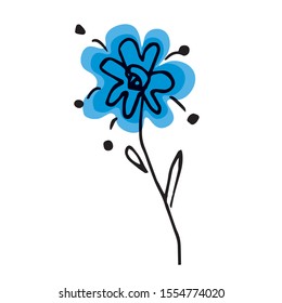 Single hand drawn blue flower for greeting cards, posters, stickers and seasonal design. Isolated on white background. Doodle vector illustration.