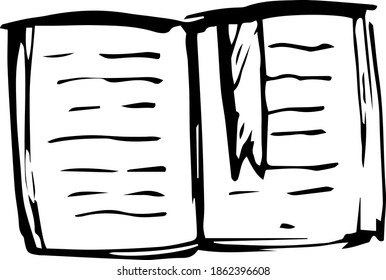 Single hand drawn book with a bookmark for children's illustration. Doodle vector illustration. Isolated on a white background, black and white graphics
