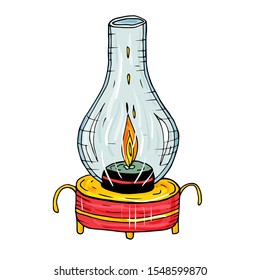 Single hand drawn burning candle in the lamp for New Year and Xmas greeting cards, posters, stickers and seasonal design. Isolated on white background. Doodle colorful vector illustration.