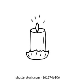 Single hand drawn burning candle on a white isolated background. Doodle, simple outline illustration.