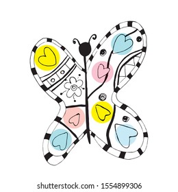 Single hand drawn butterfly for greeting cards, posters, stickers and seasonal design. Isolated on white background vector illustration.