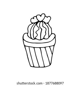 Single hand drawn cactus in pot. In doodle style, black outline isolated on white background. Cute element for card, social media banner, sticker, print, decoration kids playroom.