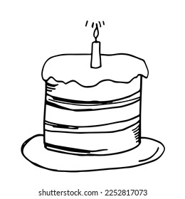 Torta de una sola mano con vela. Aislado sobre fondo blanco. Ilustración del vector Doodle.