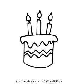 Single hand drawn cake with candles for greeting, birthday card, posters, recipe, culinary design. Isolated on white background. Doodle vector illustration.