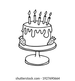 Single hand drawn cake with candles for greeting, birthday card, posters, recipe, culinary design. Isolated on white background. Doodle vector illustration.