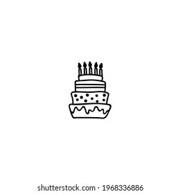 Single hand drawn cake with candles. Doodle vector illustration. Isolate on a white background.