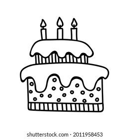 Single hand drawn cake with candles. Doodle vector illustration. Isolated on a white background.