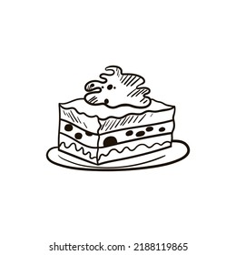 Single hand drawn cake. Doodle vector illustration. Isolated on white background.