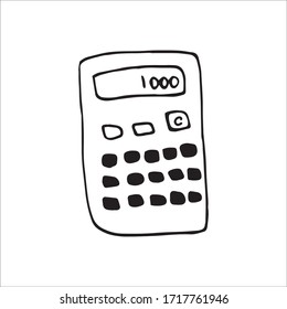 Single Hand Drawn Calculator. Doodle Vector Illustration. Home Office. Cute Element For Greeting Cards, Posters, Stickers And Seasonal Design. Isolated On White Background