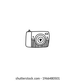 Single hand drawn camera, shooting equipment. Digital technology. Vector illustration in doodle style. Isolated on white background.