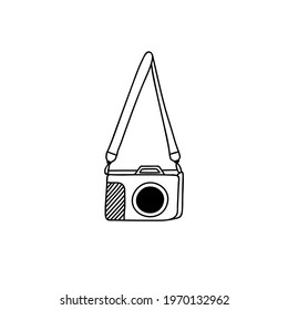 Single hand drawn camera, shooting equipment. Digital technology. Vector illustration in doodle style. Isolated on a white background.