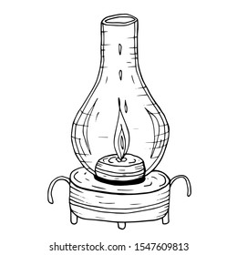 Single hand drawn candle in lamp for New Year and Xmas greeting cards, posters, stickers and seasonal design. Isolated on white background. Doodle vector illustration.