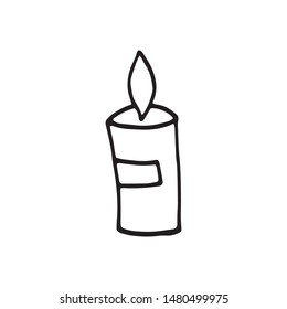 Single hand drawn candle for New Year and Xmas greeting cards, posters, stickers and seasonal design. Isolated on white background. Doodle vector illustration.