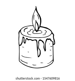 Single hand drawn candle for New Year and Xmas greeting cards, posters, stickers and seasonal design. Isolated on white background. Doodle vector illustration.