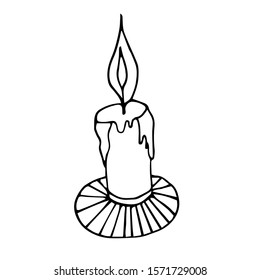 Single hand drawn candle for New Year and Xmas greeting cards, posters, stickers and seasonal design. Isolated on white background. Doodle vector illustration.