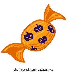 Caramelos dibujados a mano para Halloween. Ilustración vectorial clipart de estilo acogedor. Elemento personalizado para tarjetas de felicitación, carteles, pegatinas y diseño estacional. Aislado sobre fondo blanco.