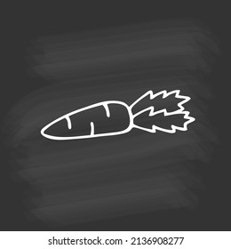 Single hand drawn carrot on chalkboard. White outline on black background. Cute element in doodle style for card, social media banner, sticker, print, decoration kids playroom. Vector illustration.