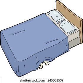 Single hand drawn cartoon bed with feet under blanket