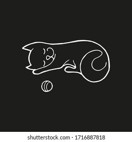 Single hand drawn cat with ball. In doodle style, white outline isolated on black background. Cute element for card, social media banner, sticker, print, decoration kids playroom. Vector illustration.