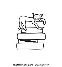 Un gato dibujado a mano duerme en los libros. Ilustración del vector Doodle. Aislado sobre un fondo blanco.
