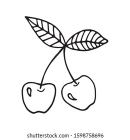 Single hand drawn cherry for greeting cards, posters, recipe, culinary design. Isolated on white background. Doodle vector illustration.