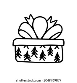 Single hand drawn Christmas gift box. Doodle vector illustration. Isolated on a white background.