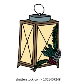 Single hand drawn Christmas lantern. Doodle vector illustration 