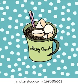 Single hand drawn Christmas mug with marshmallow . Doodle vector illustration for greeting cards, posters, wallpaper, postcards, stickers and seasonal design.