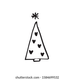 Single hand drawn christmas tree for greeting cards, posters, comics design. Isolated on white background. Doodle vector illustration.