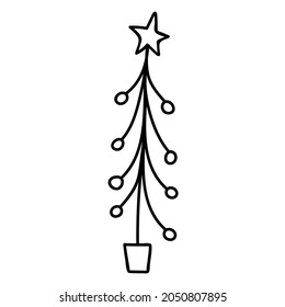Single hand drawn Christmas tree with a garland. Holidays doodles vector illustration. Isolated on a white background.
