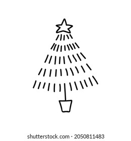 Single hand drawn Christmas tree. Holidays doodles vector illustration. Isolated on a white background.