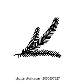 Single hand drawn Christmas tree twig. Holidays doodles vector illustration. Isolated on a white background.