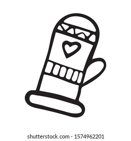 Single hand drawn Christmas warm mitten. Doodle vector illustration for for greeting cards, posters, stickers and seasonal design. Isolated on white background
