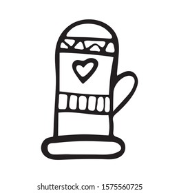 Single hand drawn Christmas warm mitten. Doodle vector illustration for for greeting cards, posters, stickers and seasonal design. Isolated on white background