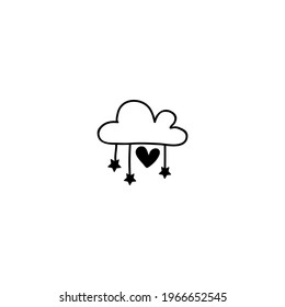 Single hand drawn cloud with stars and heart. Doodle vector illustration. Isolate on a white background