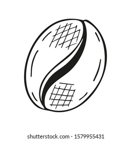 Single hand drawn coffee bean. In doodle style, black outline isolated on a white background. Cute element for card, social media banner, stickers. Vector illustration.