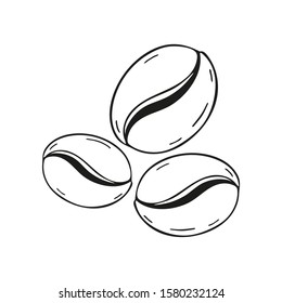 Single hand drawn coffee beans. In doodle style, black outline isolated on a white background. Cute element for card, social media banner, stickers. Vector illustration.