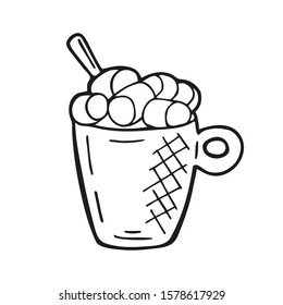 Single hand drawn coffee cup with marshmallow. In doodle style, black outline isolated on a white background. Cute element for card, social media banner, stickers. Vector illustration.