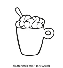 Single hand drawn coffee cup with marshmallow. In doodle style, black outline isolated on a white background. Cute element for card, social media banner, stickers. Vector illustration.